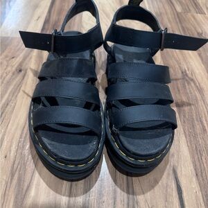 Dr. Martens Black Leather Strappy Platform Sandals with Yellow Stitching